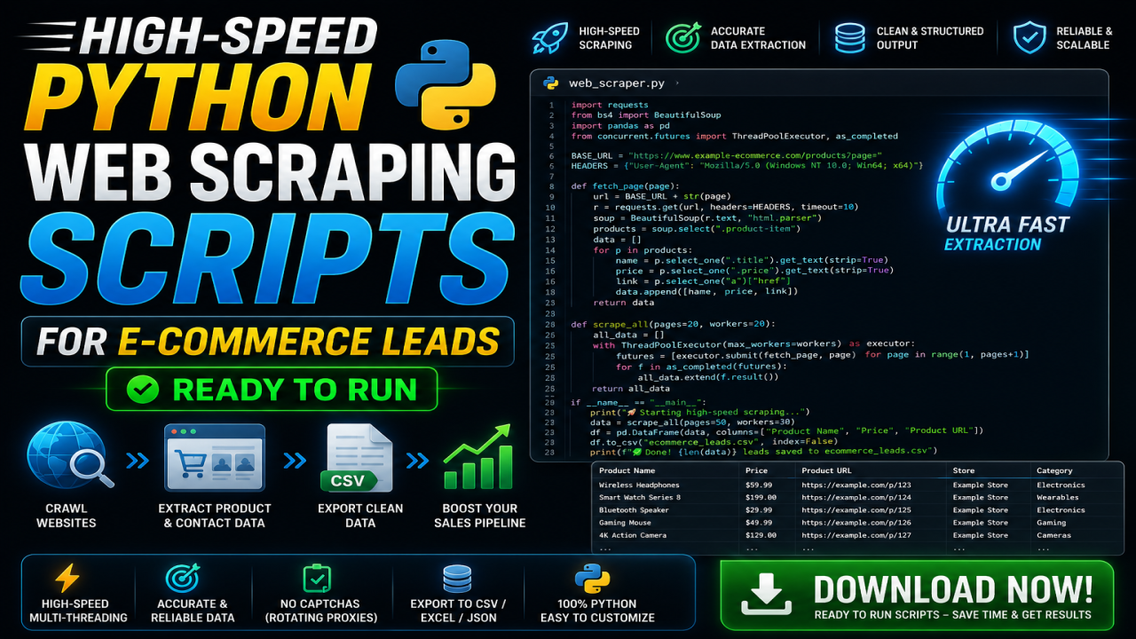 High-Speed Python Web Scraping Scripts for E-Commerce Leads (Ready to Run)